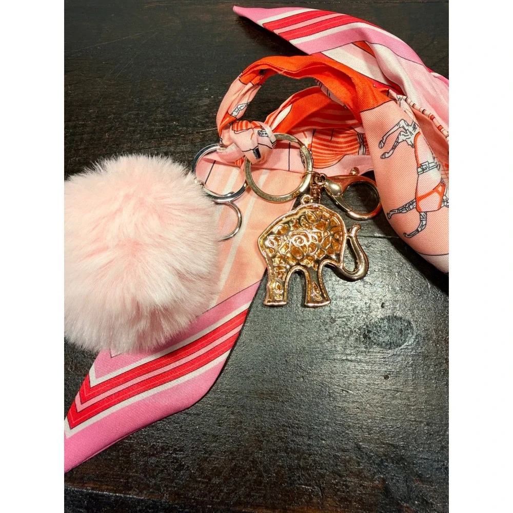 Rhinestone Elephant Keychain Purse Charm Pink Pom Pom Horse‎ Scarf